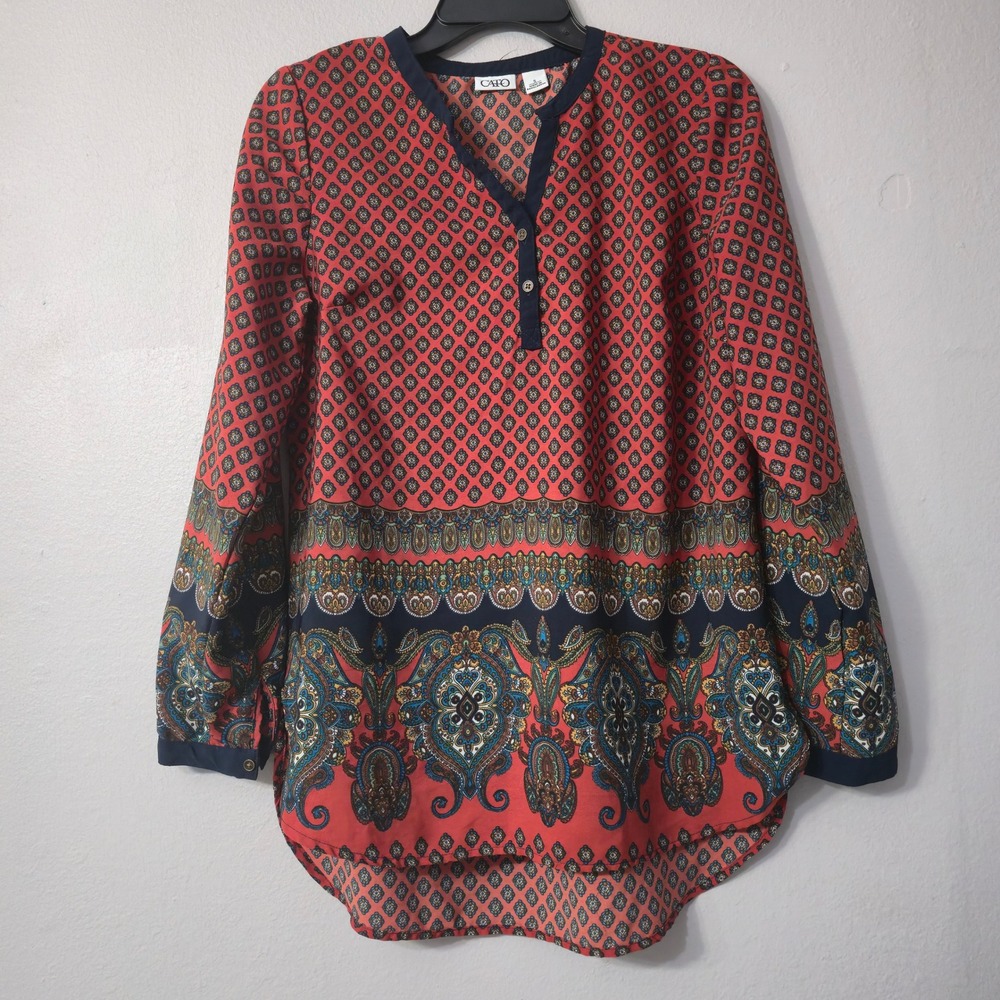 Cato Womens Red Paisley Medallion High Low Tunic Blouse Long Sleeve Small 0191